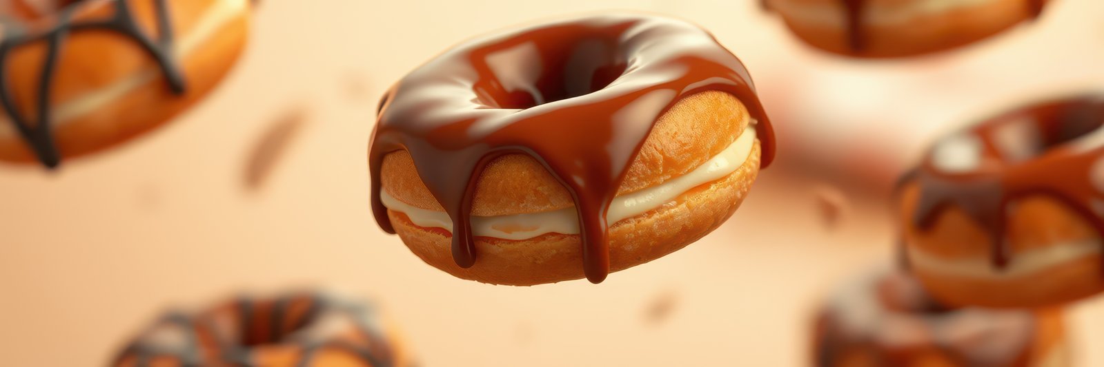 Delicious donuts with chocolate glaze floating against a soft background in a dessert display